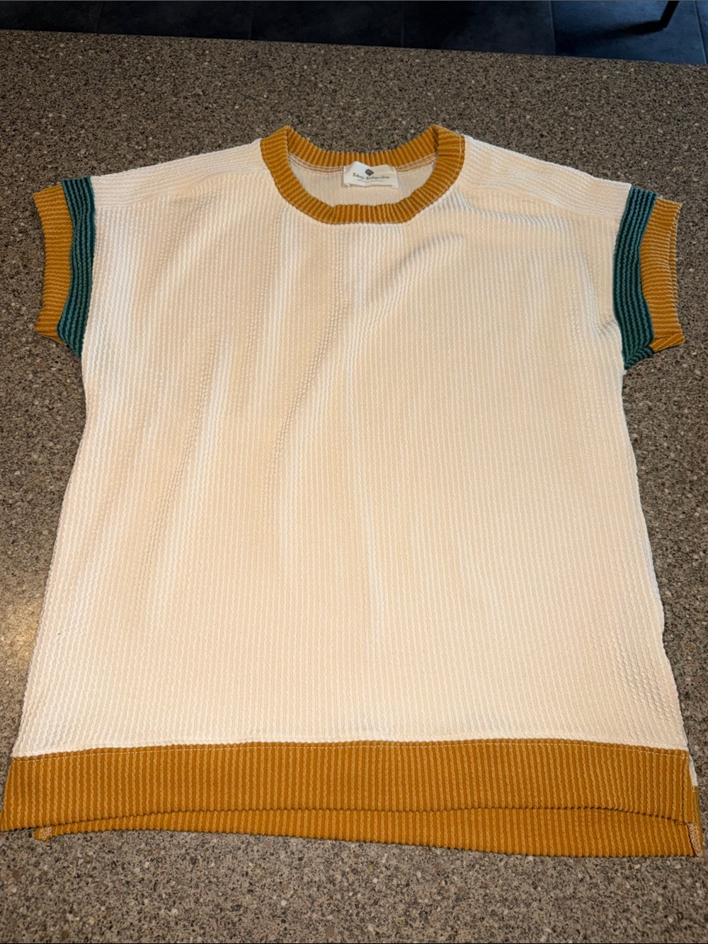 Betsey’s Boutique Shop Cream Short-Sleeve Knit Top with Mustard and Teal Trim